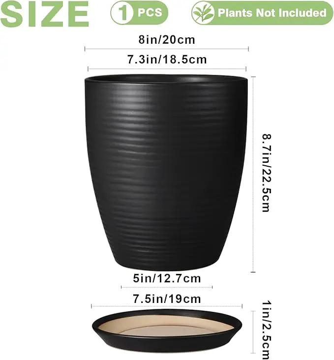 Ceramic Plant Pot - 8 Inch Ceramic Planter for Indoor Plants Glazed Round Flower Pot with Drainage Hole and Saucer Black by GreenHaven Gardens