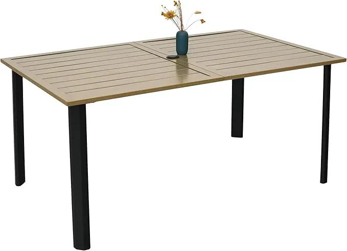 Outdoor Patio Table for 6 Person, Patio Dining Rectangle Table with 1.57" Umbrella Hole for Garden Lawn Backyard Parties, Black Metal Frame 63" L x 38" W x 29" H Brown by GreenHaven Gardens
