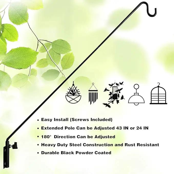 MIXXIDEA Heavy Duty Extended Reach Wall Mounted Deck Hook Wall Pole, Wall Bracket Direction and Length Adjustable Plant Bracket for Bird Feeders, Planters, Suet Baskets, Lanterns, Wind Chimes,Black by GreenHaven Gardens