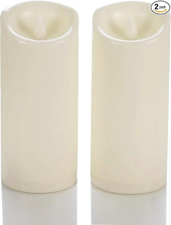 CANDLE CHOICE Waterproof Outdoor Battery Operated Flameless Candles with Timer Flickering Plastic Resin Electric LED Pillar Lights for Lantern Patio Garden Wedding Party Decorations 3x7 Inches 2 Pack