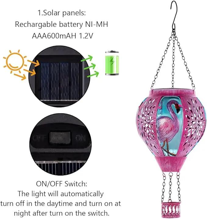 Starsoul Pink Hot Air Balloon Solar Lantern Flamingo Metal & Glass Solar Hot Air Balloon Hanging Garden Light Waterproof Outdoor Lantern for Patio Yard Party Decor by GreenHaven Gardens