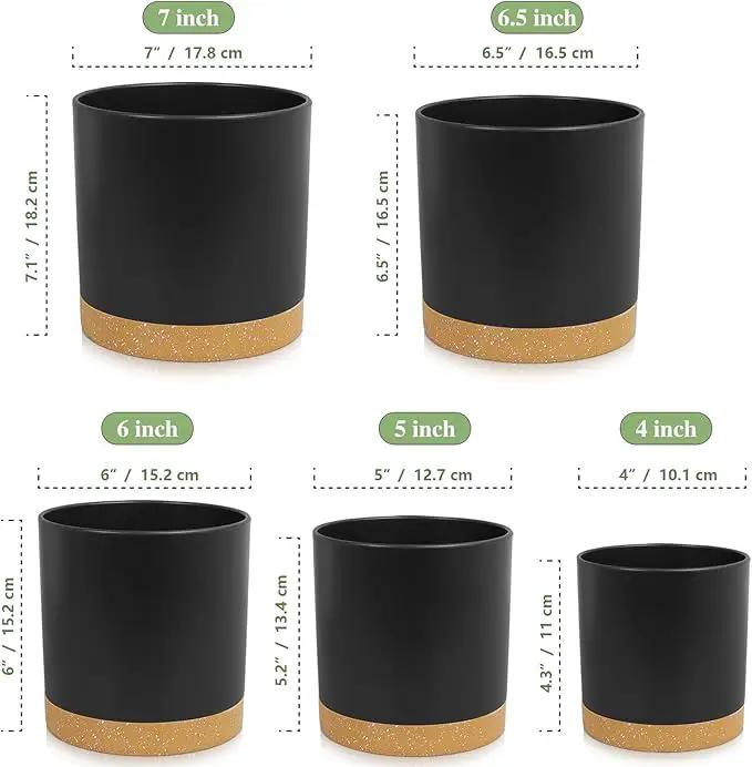 5 Pack Cylindrical Flower Pots with 7/6.5/6/5/4 inch, Modern Small Plastic Plant Pots with Drainage Holes & Saucers, Round Planter Pots for Outdoor, Indoor & Office Decor (Black Brown) by GreenHaven Gardens