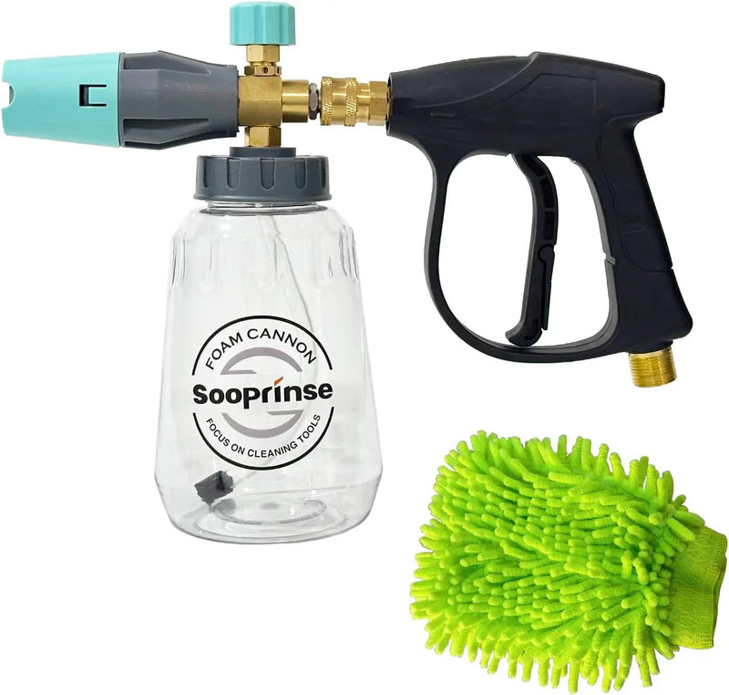Sooprinse Short Pressure Washer Gun With Foam Cannon, High Pressure Snow Foam Lance, 1/4 Inch Quick Connector, Power Washer Blaster, Car Wash Mitt, 3000 PSI, 1 Liter by GreenHaven Gardens