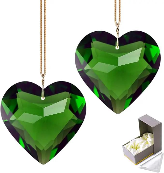 Green Heart Crystal Suncatcher, 2pc 45mm Hanging Prism for Windows, Outdoor Indoor Decoration, Rainbow Maker Gifts for Mom, Grandma, Friend by GreenHaven Gardens