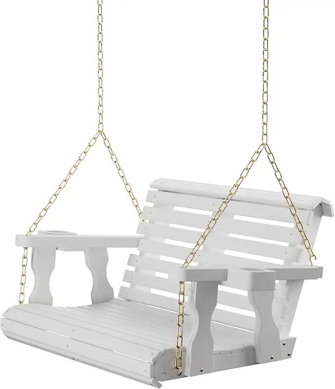 Amish Casual 3 Foot Roll Back Porch Swing with Cup Holders in Semi-Solid White Stain - Amish Made in The USA from Treated Pine Heavy Duty 700 Lb. Weight Capacity by GreenHaven Gardens