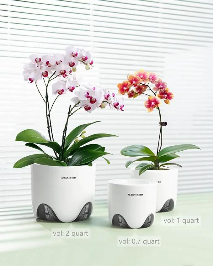 6 inch Orchid Pots with Holes for Repotting with Excellent Airflow, Set of 2, Double Layer Plastic Imitate Ceramic Orchid Planter, Clear Orchid Pot Match Decorative Orchid Container by GreenHaven Gardens