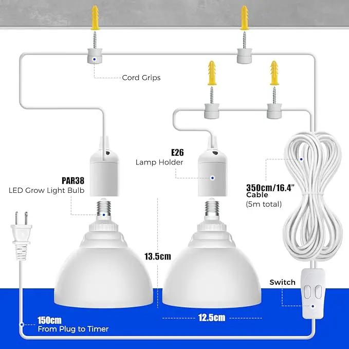 Barrina LED Grow Light Bulb, 50W (2 x 25W) Full Spectrum, with 16.4FT Power Cord, Hanging Grow Lights for Indoor Plants, Large Tall Plant, Garden, Flowers, Greenhouse, 2-Head by GreenHaven Gardens