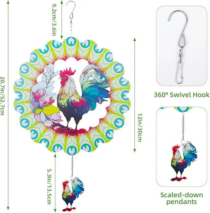 Wind Spinners Outdoor, FACIACC Rooster Metal 3D Hanging Garden Decor, 12-inch Stainless Steel Wind Spinner with Tail Spinner, Wind Sculptures for Indoor Patio Lawn Yard, Ornament Gift for Women/Men by GreenHaven Gardens