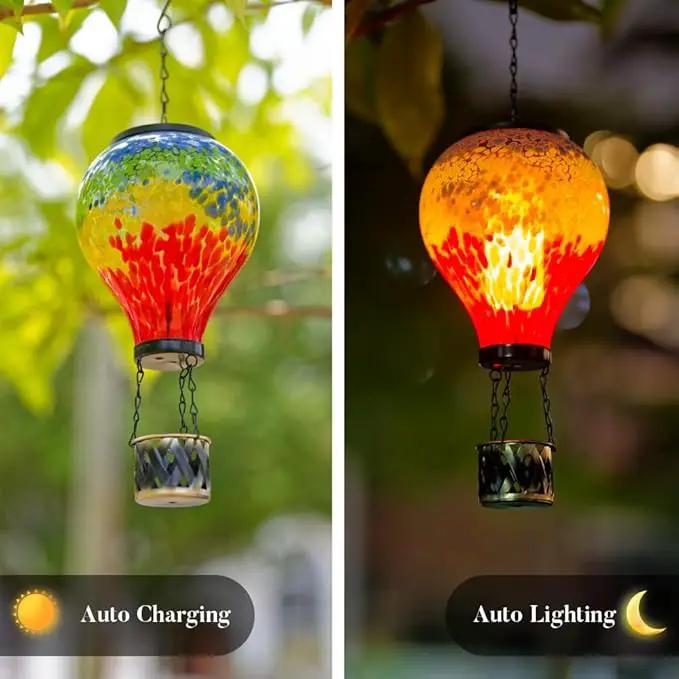 Starsoul Hot Air Balloon Solar Lantern with Flame Glass Hot Air Balloon Solar Light Waterproof Hanging Outdoor Lantern for Garden Yard Patio Decor by GreenHaven Gardens