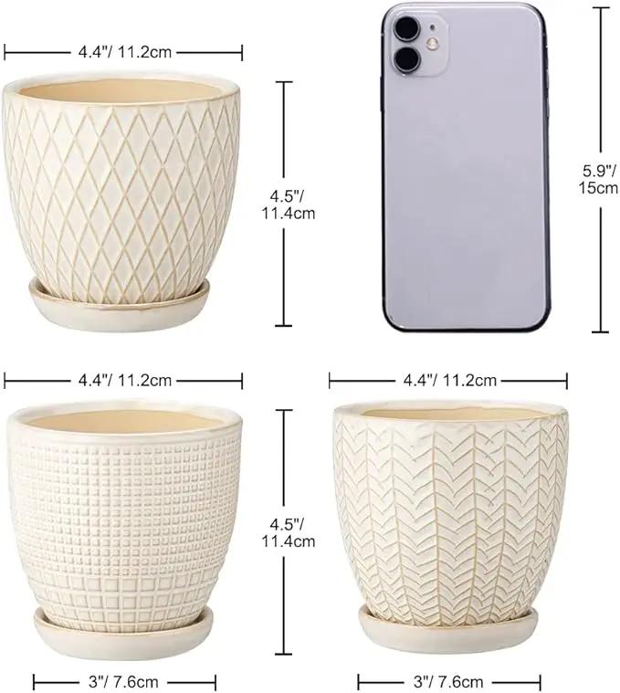 Oairse 4 inches Ceramic Planter Pots 3 Set of Small Round Flower Pots with Drainage Hole and Ceramic Tray for Succulents Cactus Indoor Outdoor Garden Home Windowsill by GreenHaven Gardens