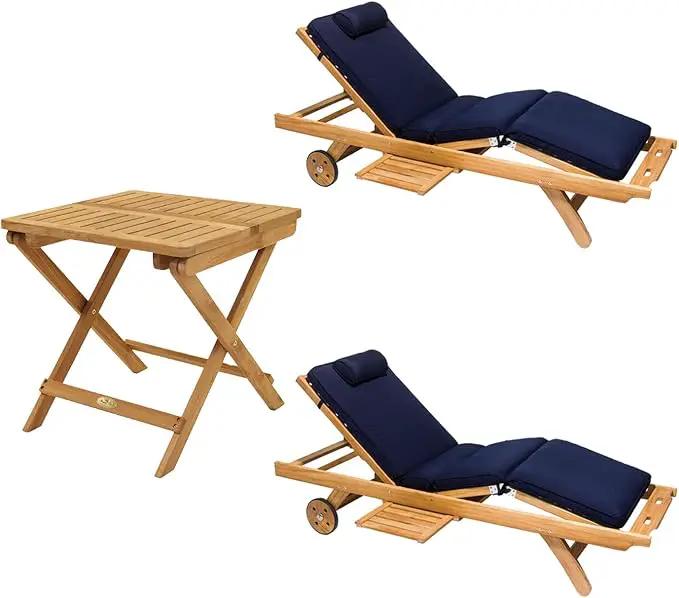 3-Piece Teak Patio Conversation Set with Sun Bed Loungers & 20-Inch Square Folding Picnic Table (P143NA), Navy Sun Bed Cushions by GreenHaven Gardens
