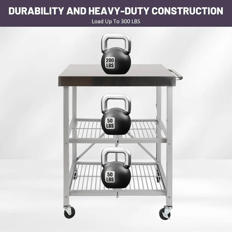 3-Tier Folding Outdoor Grill Cart, 300lbs Load Capaciy Foldable Utility Storage Rolling Kitchen Table with Lockable Wheels, 25.75" D x 20" W x 36" H, Steel Service Trolley for Food Prepping by GreenHaven Gardens