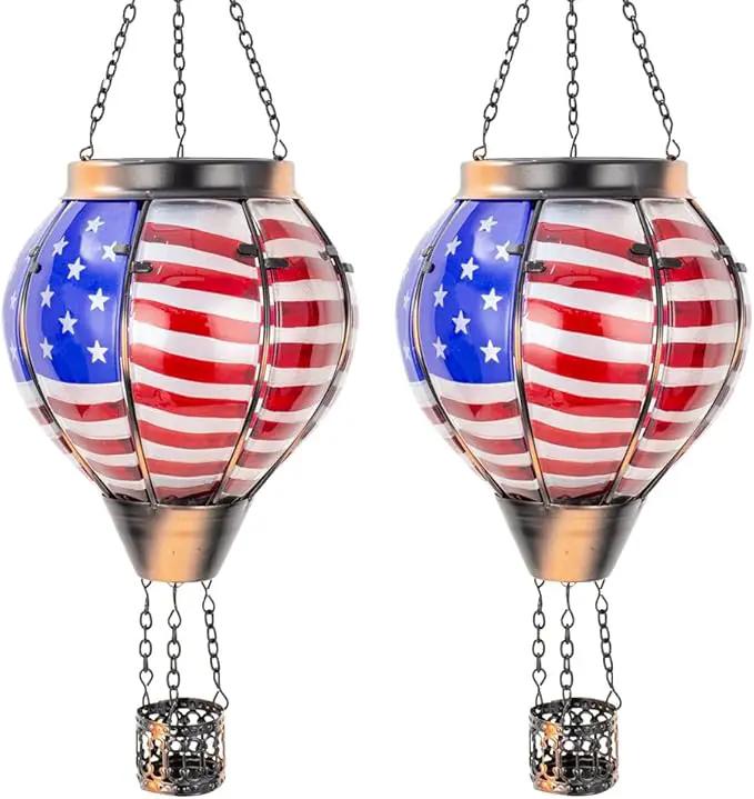 2PCS Flag Solar Hot Air Balloon Lantern with Flame Flickering Light,Glass Hot Air Balloon Solar Lanterns Outdoor Waterproof,Hanging Outdoor Light for Patio Yard Garden Birthday Gifts for Women by GreenHaven Gardens