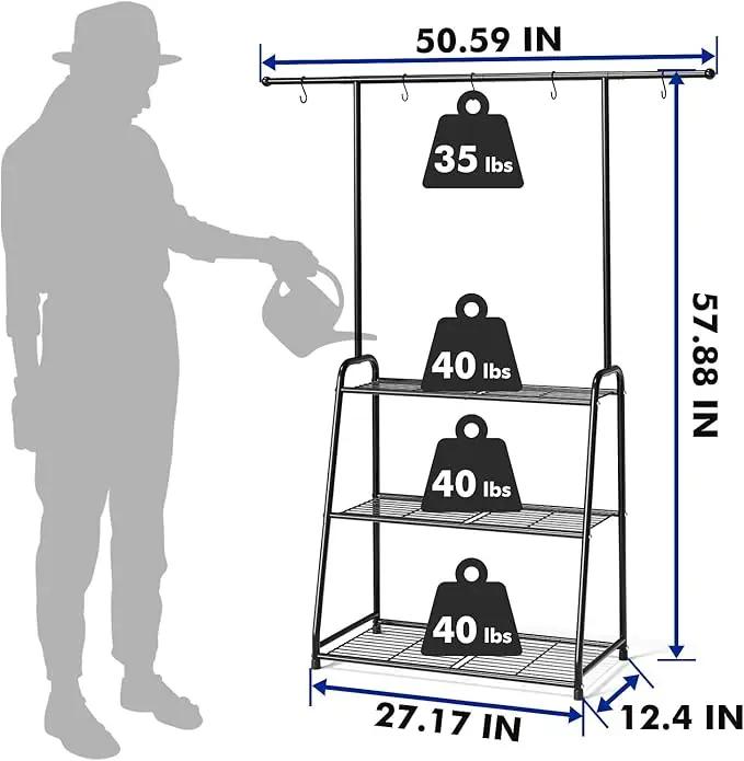 3-Tier Heavy-Duty Metal Plant Stand for Indoor and Outdoor Use, Hanging Plant Shelf for Multiple Flower Planter Holder, Tall Large Rack Ideal for Living Room, Garden, Balcony, Black by GreenHaven Gardens