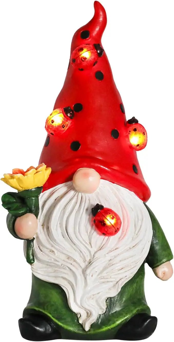Garden Gnome Statue, Resin Sunflower Ladybug Gnome Figurine with Solar Lights for Porch Patio Yard Outdoor Decor by GreenHaven Gardens