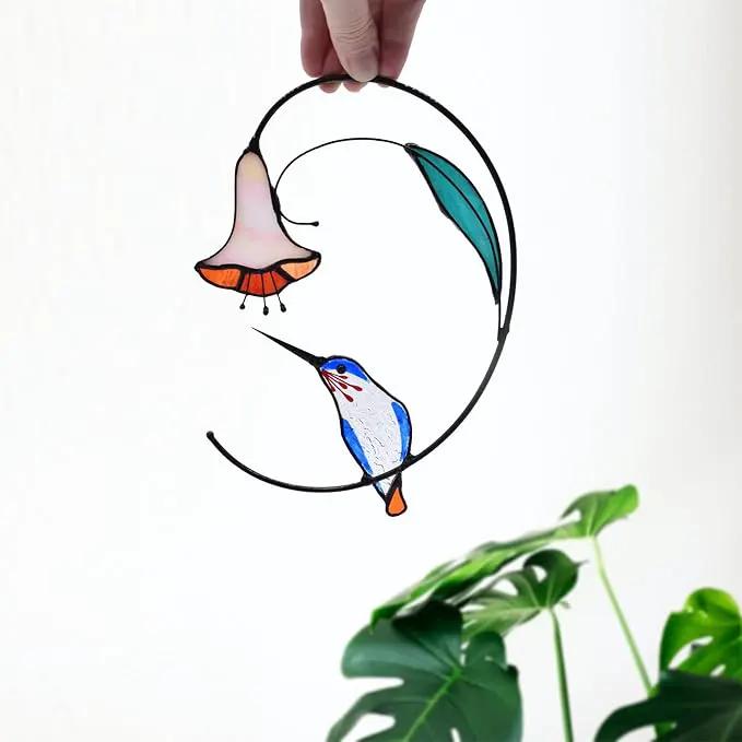 Lolitarcrafts Hummingbird with Flower Stained Glass Suncatcher Bird Stained Glass Window Hangings Hummingbird Gift for Home Decor (Blue) by GreenHaven Gardens