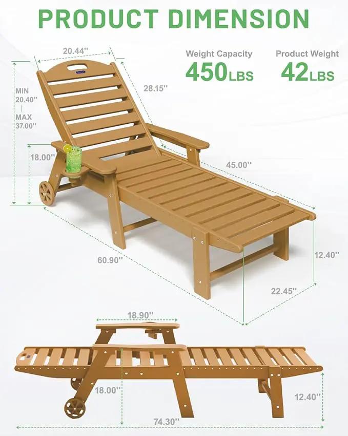Lounge Chair Outdoor, Chaise Lounge, HDPE 6-Position Outdoor Chaise Lounge, Patio Lounge Chair with Wheels & Cup Holder for Pool Poolside Deck Backyard, Teak by GreenHaven Gardens