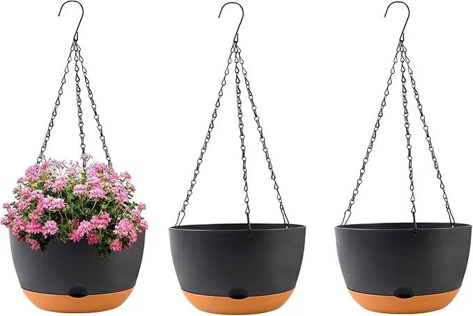 10 inch Plant Pot Hanging Planters Self Watering Pots for Indoor Plants, 3 Pack Plastic Hanging Basket with Removable Tray for Home Garden Porch Balcony Patio Decor(Black) by GreenHaven Gardens
