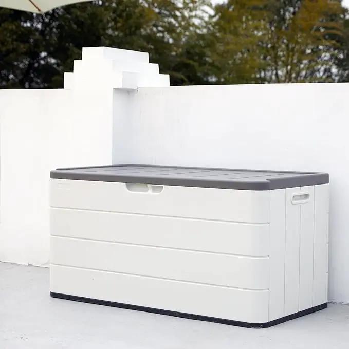 Heavy-Duty 100 Gallon Outdoor Storage Box - Waterproof Deck Box & Large Storage Bin for Patio/Pool, All-Weather Resin Chest with Lock, UV-Resistant, Alpine White by GreenHaven Gardens