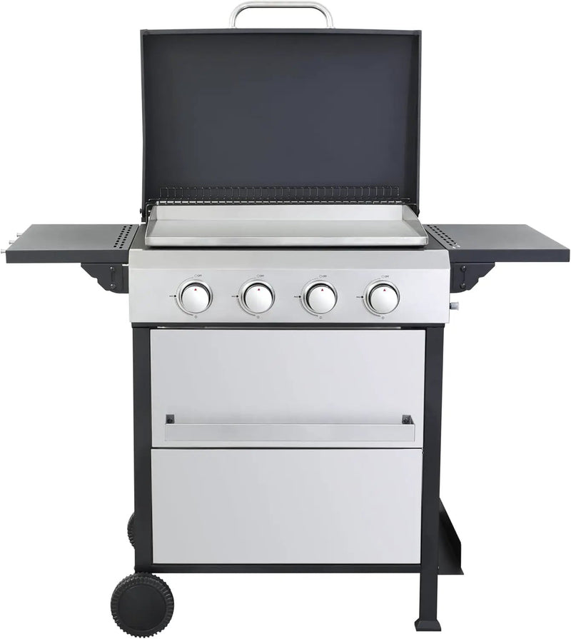 4-Burner Propane Gas BBQ Grill with SS Plancha, 49,200 BTU Output, Wire Enamel Cooking Grids, Foldable Side Table and Hanging Basket, Heavy-Duty Stainless Steel Grill by GreenHaven Gardens