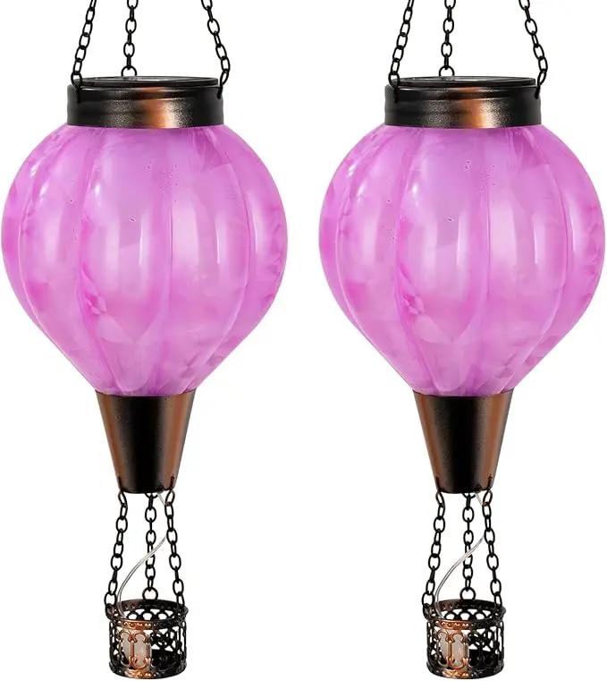 2PC Hot Air Balloon Solar Lantern with Flame, Pink Glass Balloon Lantern Lights Outdoor Waterproof, Hanging Solar Lights for Outside Garden Yard Patio Tree Porch Gift for Women Lovers Mom by GreenHaven Gardens