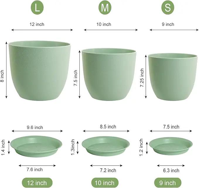 12/10/9 Large Modern Plant Pots, Plastic Planters with Drainage Holes and Saucers for Indoor Outdoor Plants Flowers, Green by GreenHaven Gardens