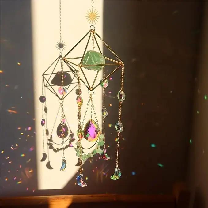 Crystal Suncatchers for Windows, Green Fluorite Gemstone Sun Catcher Hanging, Spiritual, Rainbow Maker, Crystal Boho Decor Indoor Outdoor, Natural Stone (Green Fluorite) by GreenHaven Gardens