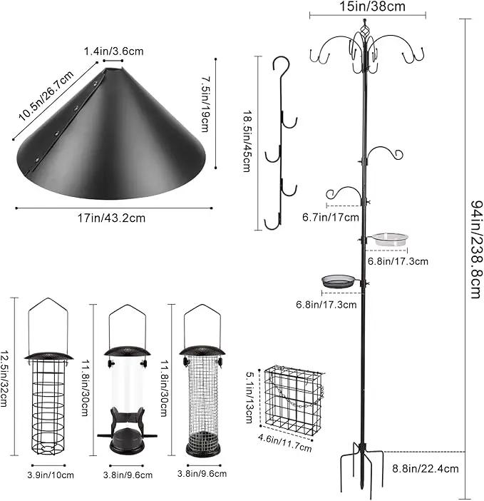 Deluxe Bird Feeding Station Kit Bird Feeder Pole with Squirrel Baffle, Suet Cage, Bath Tray for Planter Hanger - Wildlife-Friendly Design by GreenHaven Gardens