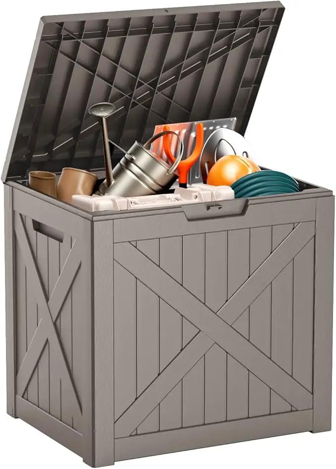 32 Gallon Resin Deck Box, Lockable Outdoor Storage Box for Patio Cushions Storage Furniture,Garden Tools, Pool Supplies, Weatherproof and UV Resistant (Grey X) by GreenHaven Gardens