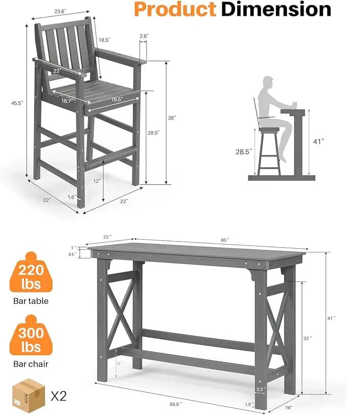 3 Pieces HDPE Outdoor Patio Bar Set, Rectangular Bar Height Table and Chairs Set, Patio Bar Stools Set, HDPE Outdoor Bar Table and Chairs Set for Balcony, Poolside, Porch, Smoke Gray by GreenHaven Gardens