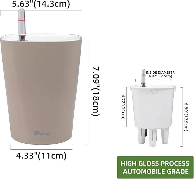 Dexceder 6x7 Self Watering Planter Indoor Outdoor, High Gloss Table Flower Plant Pot with Water Level Indicator (Taupe) by GreenHaven Gardens