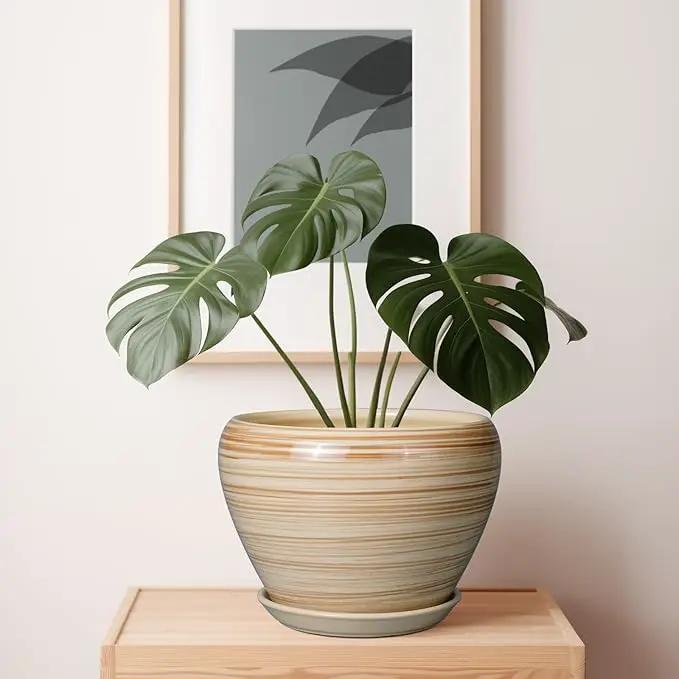 Ceramic Pot for Plant 10 Inch - Planter for Outdoor Plants Indoor Plant Pot with Drainage Hole Large Planter Round Flower Pot for House Patio Garden Yellow by GreenHaven Gardens