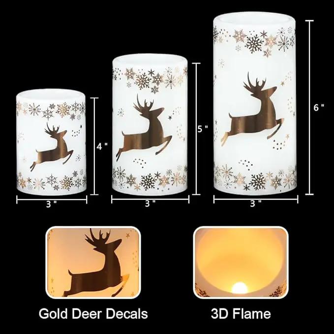 KunSween Christmas Flameless Candles with 6H Timer, 3 Pack LED Flickering Candles with Gold Deer Decals and Real Wax, Christmas Winter Decorations for Home Indoor Table Centerpieces by GreenHaven Gardens