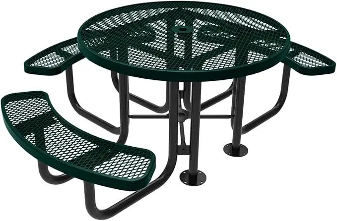 Heavy-Duty Portable Outdoor Picnic Table with Umbrella Hole, Expanded Metal Patio Dining Furniture Made in America (46" Round Top, Textured Dark Green) by GreenHaven Gardens