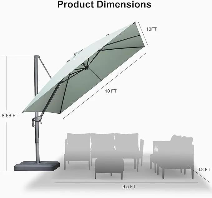 PURPLE LEAF 10 FT Cantilever Patio Umbrella Outdoor Aluminum Offset Square Umbrella with 3 Years Fade Resistance Recycled Fabric and 360-degree Rotation for Deck Pool Garden, Mint Green by GreenHaven Gardens