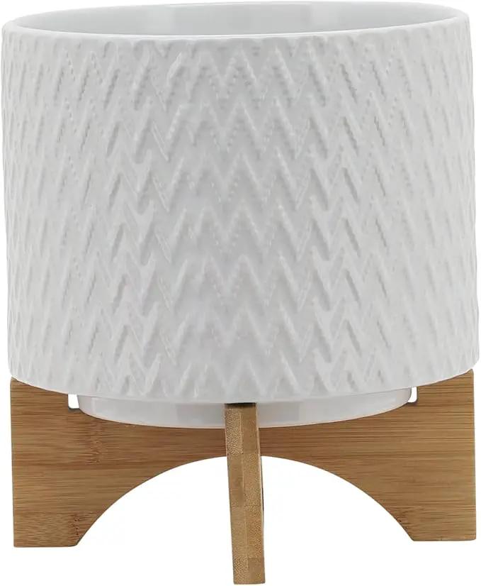 8" Ceramic Planter on Wooden Bamboo Stand - Contemporary White Chevron Design for Indoor or Outdoor Plants, Succulents, Cactus by GreenHaven Gardens