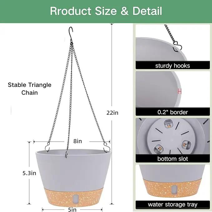 QCQHDU 2 Pack 8 inch Hanging Planters for Indoor Plants, Outdoor Hanging Baskets, Self Watering Pots with Drainage Holes & Removable Tray (Light Grey, 8 inch) by GreenHaven Gardens