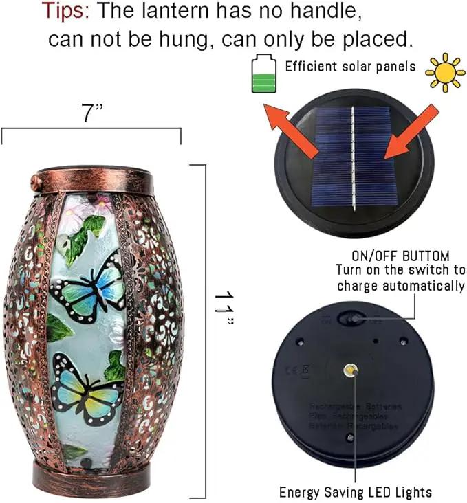 Butterfly Solar Lanterns Glass & Metal Hanging Light Outdoor Waterproof Tabletop Lamp with Hollowed-Out Design for Garden Patio Table Decor by GreenHaven Gardens