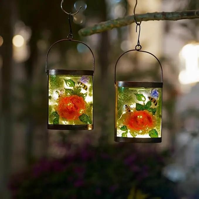 Starsoul 2 Pack Hanging Solar Lantern Outdoor Waterproof Glass Bee and Flowers Decorative Solar Lights for Outside Garden Yard Table Patio Decor by GreenHaven Gardens