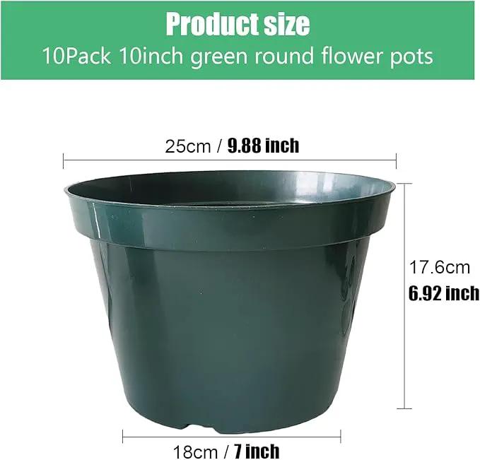10 Pack Plastic Planter Pots, 10 Inch Thick Plant Pots with Multiple Drainage Holes, Pots for Plants Such as Herbs Strawberry and Flowers, Green Growing Planters for Outdoor Plants or Indoor (Green) by GreenHaven Gardens