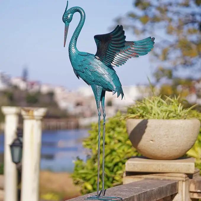44'' Blue Heron Garden Statue, Large Crane Outdoor Statue, Crane Metal Yard Art for Outside Backyard, Pond, Patio, Lawn Decor by GreenHaven Gardens