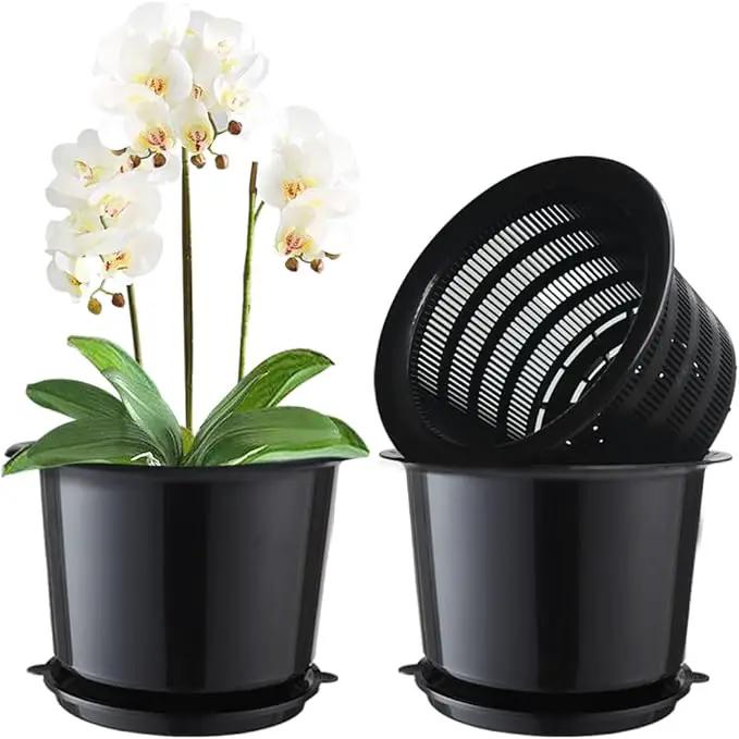 8 Inch Orchid Pots with Holes and Saucers,Double Layer Plastic Large Orchid Planter Pot,Flower Pots for Indoor Outdoor Flower Plants,Orchids,Herbs,Snake Plants and Succulents by GreenHaven Gardens