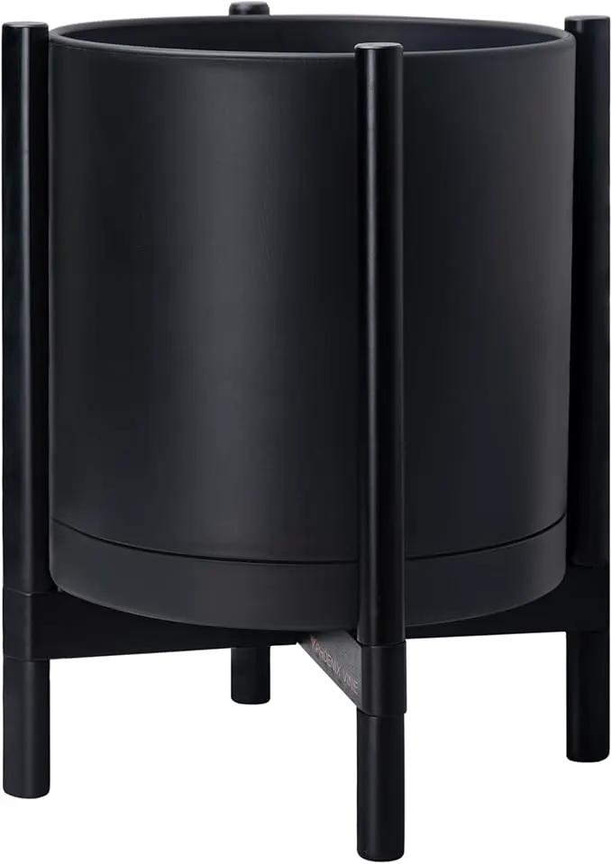 D'vine Dev Planter Pot with Stand - 16 Inch Plastic Cylinder Flower Pot with Wood Planter Holder for Indoor, Matte Black Pot + Ebony Stand, 55-C-Z-2 by GreenHaven Gardens