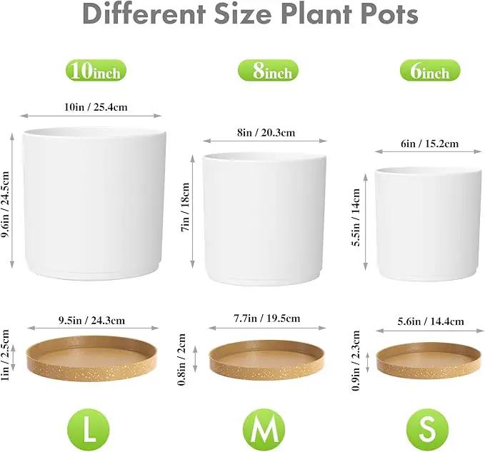 10/8/6 inch Deep Plant Pots, 3 Pack Cylindrical Large Flower Pots for Outdoor Indoor Plants, Tall Plastic Planters with Drainage Holes and Saucers for Garden House Plants, White with Brown by GreenHaven Gardens
