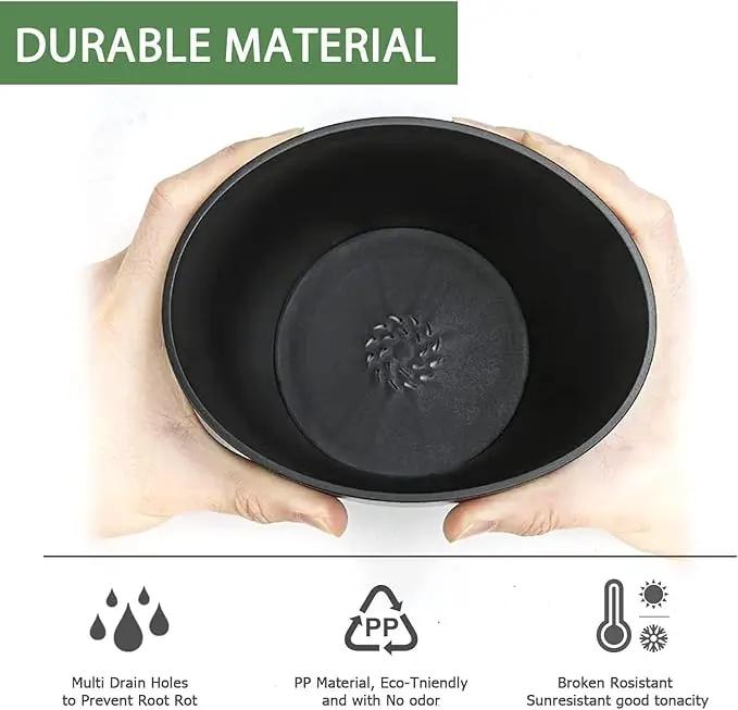 7 Inch Plant Pots Bulk, 6 Pack Plastic Planters with Drainage Holes and Saucers for Indoor Outdoor House Plants and Flowers, Black by GreenHaven Gardens