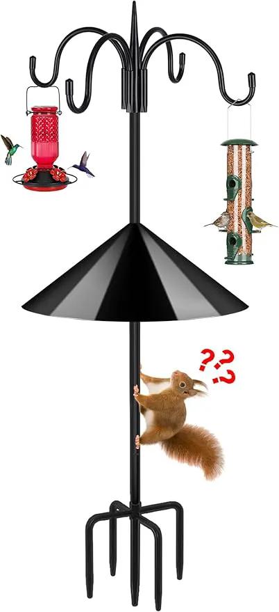 FEED GARDEN 92 Inch Adjustable Shepherd Hooks with Squirrel Baffles Heavy Duty Garden Hooks 5-Prong Base Bird Feeder Pole with Four Hooks for Hanging Plant Baskets Solar Lights Lanterns by GreenHaven Gardens