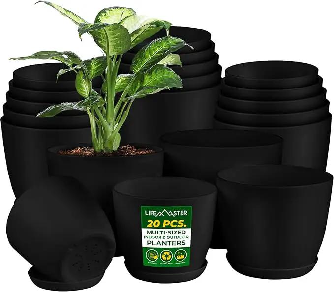 Plant Pots with Multi Drainage Holes - 20 Pieces Versatile, Sturdy Plastic, Stackable Design Home Decor Flower Pots for Indoor and Outdoor Gardening - Black by GreenHaven Gardens