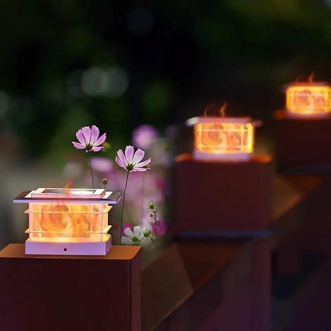 Dynaming 4 Pack Solar Flame Post Lights Outdoor, Solar Powered Fence Post White Shell Cap Light, High Brightness Flickering Flame LED Lighting for Garden Deck Patio, Fit 4x4 5x5 6x6 Vinyl/Wooden Posts by GreenHaven Gardens