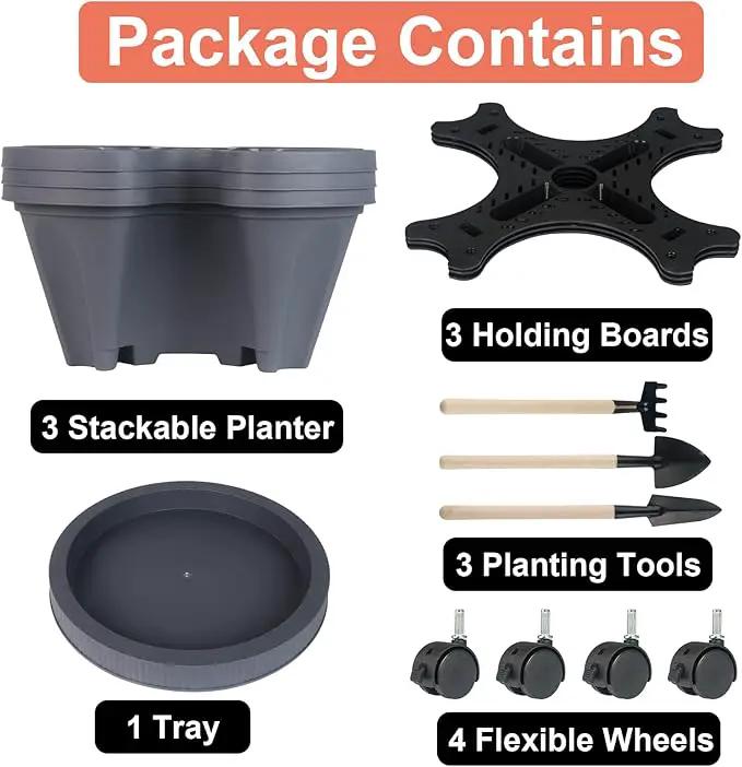 Vertical Planter 3 Tier Stackable Planters Garden Planters Strawberry Herb Flower and Vegetable Planter Indoor Outdoor Gardening Pots with Removable Wheels and Tools by GreenHaven Gardens