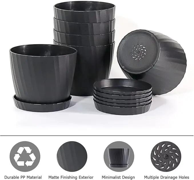 7 Inch Plant Pots Bulk, 6 Pack Plastic Planters with Drainage Holes and Saucers for Indoor Outdoor House Plants and Flowers, Black by GreenHaven Gardens